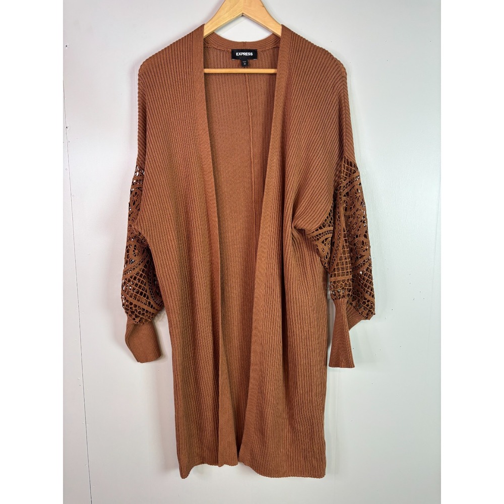 Express Cardigan Medium Brown Crochet Balloon Sleeves Ribbed Knit Open-Front